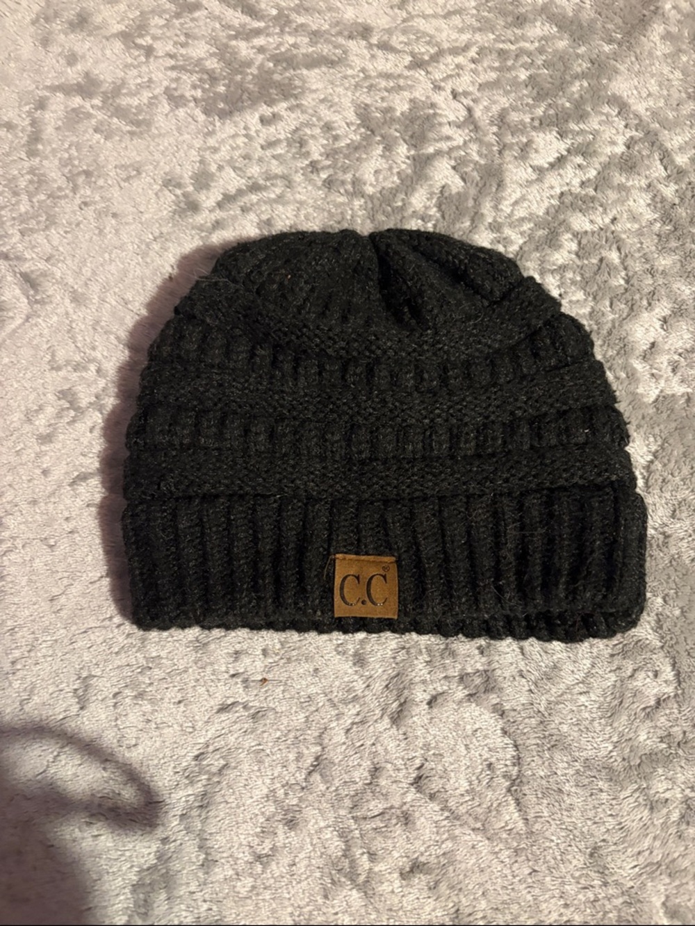 C.C Black Ribbed Knit Beanie with Leather Logo Patch